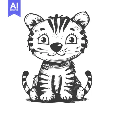 Premium design asset: Hand-drawn illustration of a cute cartoon tiger cub sitting with its t