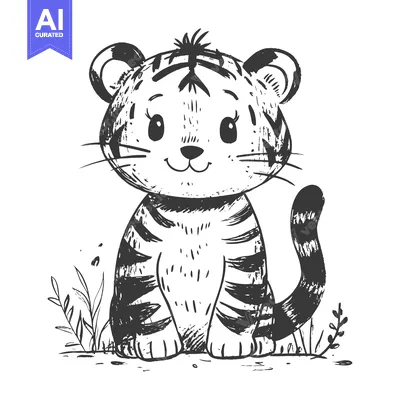 Aset premium populer: Hand-drawn illustration of a cute cartoon tiger with black and white s