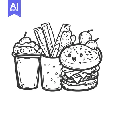 Aset premium populer: Hand-drawn Illustration of a Cute Hamburger, French Fries, and a Cup o