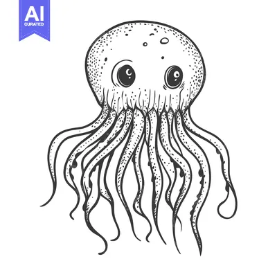 Aset premium populer: Hand-drawn illustration of a cute jellyfish with large eyes and tentac