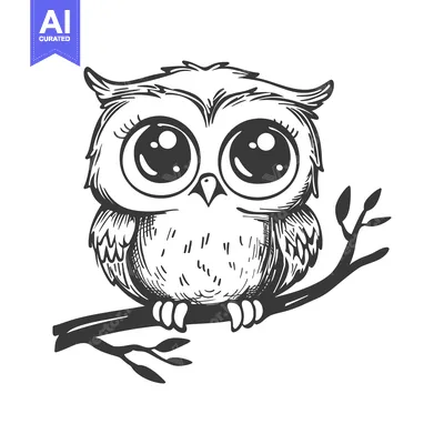 Popular premium asset: Hand-drawn illustration of a cute owl with big eyes perched on a branc