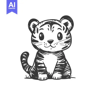 Aset premium populer: Hand-Drawn Illustration of a Cute Sitting Tiger Cub