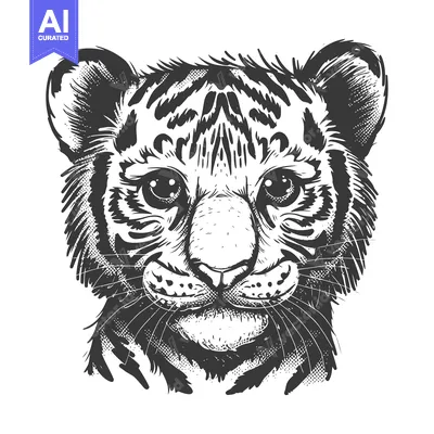 Aset desain premium: Hand-Drawn Illustration of a Cute Tiger Cub with Stripes and Whiskers