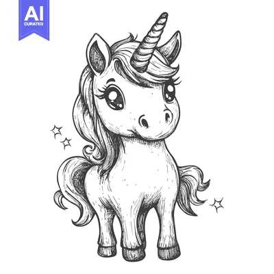 Aset premium populer: Hand-Drawn Illustration of a Cute Unicorn with a Spiral Horn and Large