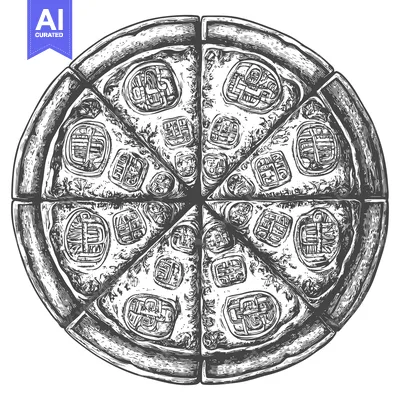 Aset premium populer: Hand-Drawn Illustration of a Cut Pizza with Toppings