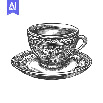 Aset desain premium: Hand-drawn Illustration of a Decorated Coffee Cup and Saucer