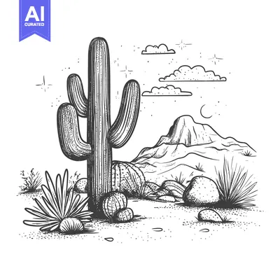 Aset desain premium: Hand-Drawn Illustration of a Desert Landscape with Cacti and Mountains