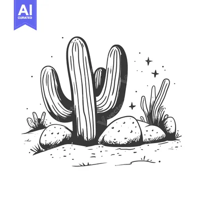 Premium design asset: Hand-Drawn Illustration of a Desert Landscape with Cactus Plants and R