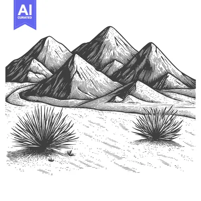 Premium design asset: Hand-drawn illustration of a desert landscape with mountains and plant