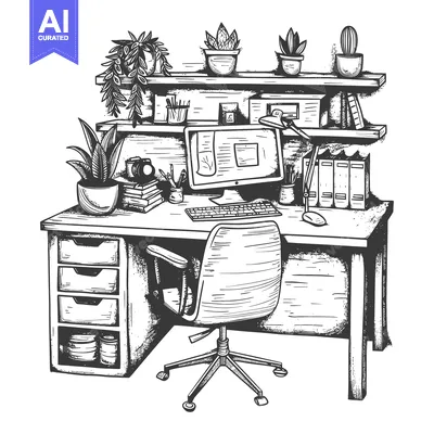 Aset desain premium: Hand-drawn Illustration of a Desk with a Computer, Chair, and Plants