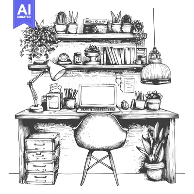 Aset desain premium: Hand-Drawn Illustration of a Desk with Plants, Books, and a Computer