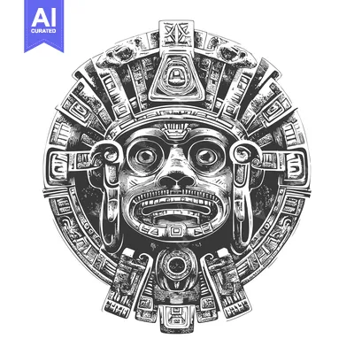 Hand-Drawn Illustration of a Detailed Aztec Mask