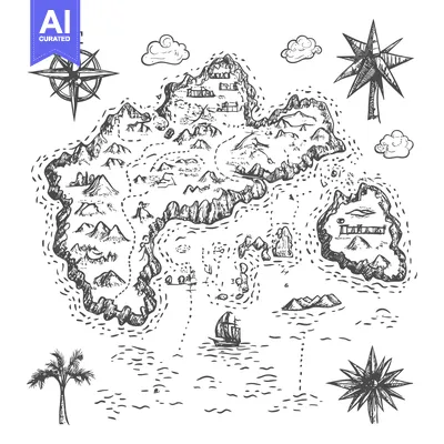 Premium design asset: Hand-drawn illustration of a detailed treasure island map with a compa