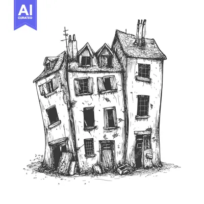 Hand-drawn illustration of a dilapidated, crumbling building with boar