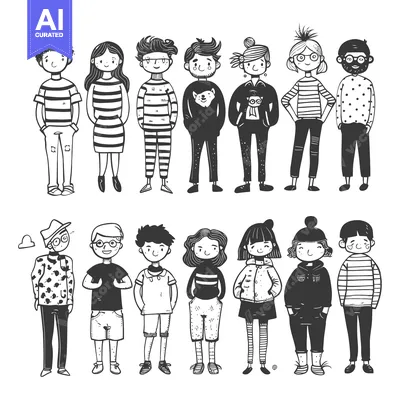 Premium design asset: Hand-drawn illustration of a diverse group of children and teenagers.