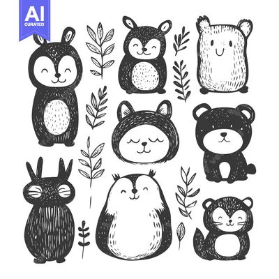 Aset desain premium: Hand-Drawn Illustration of Adorable Black and White Forest Animals