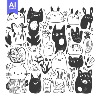 Aset desain premium: Hand-Drawn Illustration of Adorable Cats and Bunnies with Plant Motifs