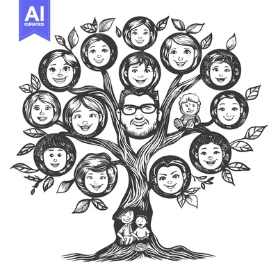 Hand-drawn illustration of a family tree with cartoon faces