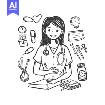 Aset premium populer: Hand-Drawn Illustration of a Female Doctor with Medical Supplies and B