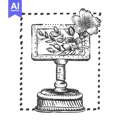 Aset premium populer: Hand-drawn illustration of a floral-adorned vintage pedestal with a bl