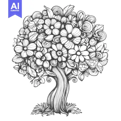 Aset desain premium: Hand-Drawn Illustration of a Flower-Adorned Tree