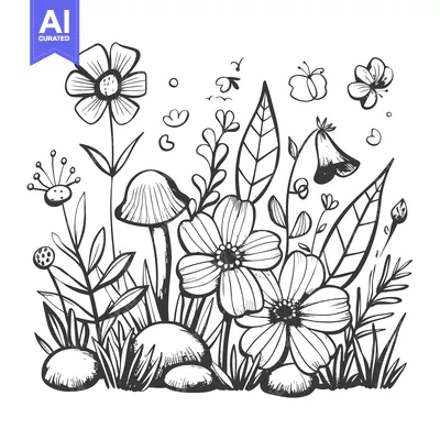 Aset premium populer: Hand-drawn Illustration of a Flower Patch with Mushrooms and Butterfli