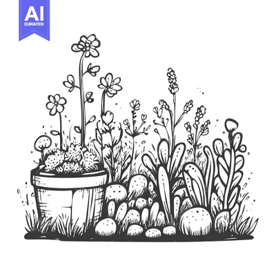 Aset desain premium: Hand-drawn Illustration of a Flower Pot with Various Flowers and Plant