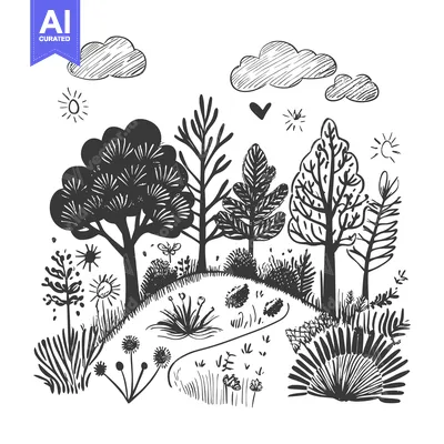 Aset premium populer: Hand-drawn Illustration of a Forest with Trees, Flowers, and Clouds