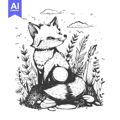 Aset desain premium: Hand-drawn Illustration of a Fox Sitting in Grass and Rocks