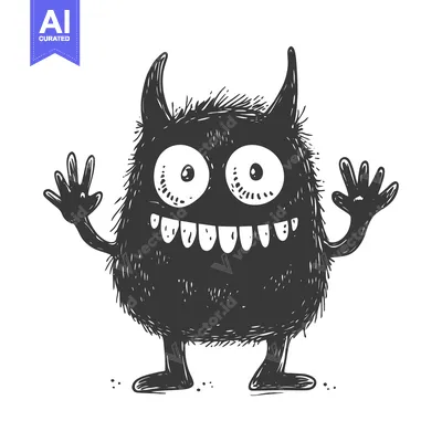 Aset desain premium: Hand-drawn illustration of a furry black monster with horns, large eye