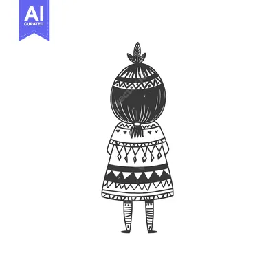 Aset desain premium: Hand-Drawn Illustration of a Girl in a Patterned Dress and Hat