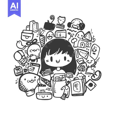 Aset desain premium: Hand-Drawn Illustration of a Girl Surrounded by Whimsical Doodle Objec