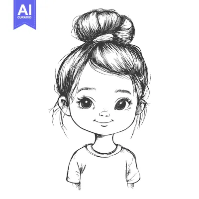 Aset desain premium: Hand-Drawn Illustration of a Girl with a Bun Hairstyle