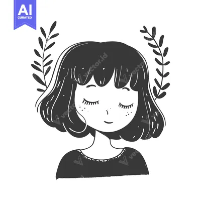 Premium design asset: Hand-drawn illustration of a girl with closed eyes and short hair, sur