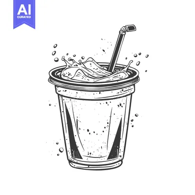 Aset premium populer: Hand-drawn illustration of a glass of cold drink with a straw, splashi