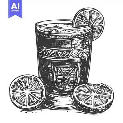 Aset desain premium: Hand-drawn Illustration of a Glass of Tequila with Lime Wedges