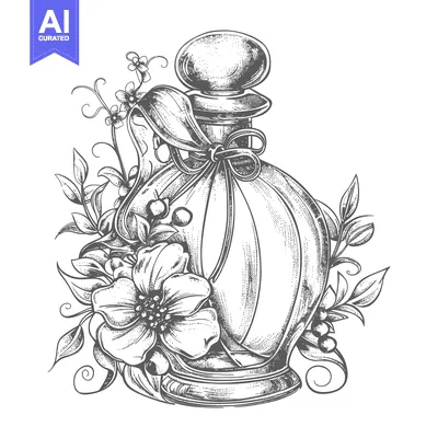 Aset premium populer: Hand-Drawn Illustration of a Glass Perfume Bottle Surrounded by Flower