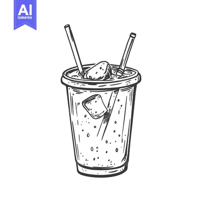Aset desain premium: Hand-drawn Illustration of a Glass with Ice Cubes and Straws