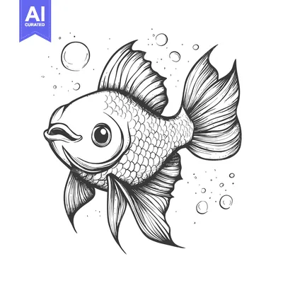 Aset desain premium: Hand-drawn illustration of a goldfish with bubbles