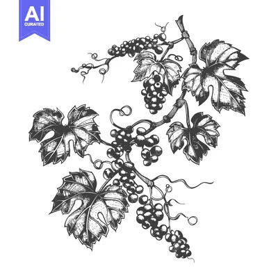 Hand-drawn illustration of a grapevine with leaves and grapes