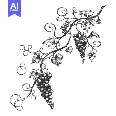 Aset desain premium: Hand-Drawn Illustration of a Grapevine with Three Bunches of Grapes