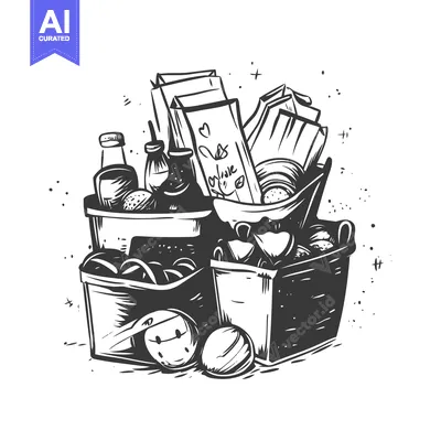 Aset premium populer: Hand-drawn illustration of a grocery shopping basket with various item