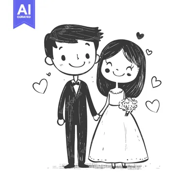 Aset desain premium: Hand-Drawn Illustration of a Groom and Bride Holding Hands