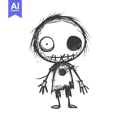 Hand-drawn illustration of a grotesque, stitched-up cartoon character