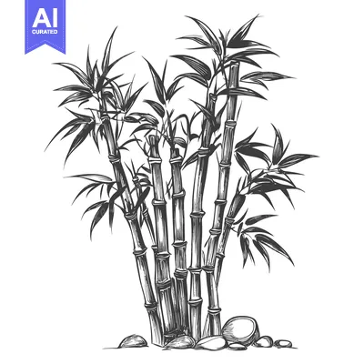 Hand-drawn illustration of a group of bamboo stalks with leaves