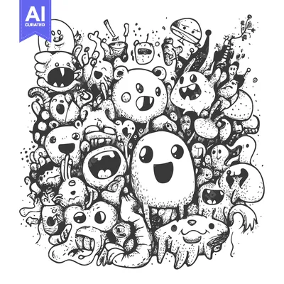 Aset desain premium: Hand-Drawn Illustration of a Group of Doodle Creatures
