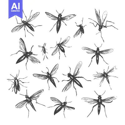Aset desain premium: Hand-drawn Illustration of a Group of Mosquitoes