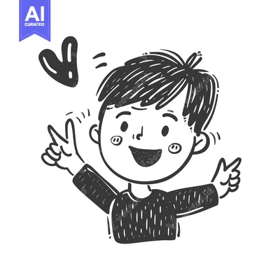 Aset desain premium: Hand-drawn illustration of a happy boy with a peace sign