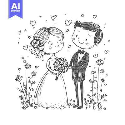 Aset desain premium: Hand-drawn illustration of a happy bride and groom with flowers