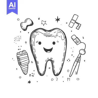 Aset premium populer: Hand-drawn illustration of a happy cartoon tooth with dental care tool